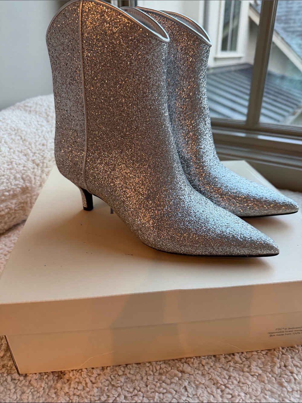 Silver Glitter Pointed-Toe Ankle Booties